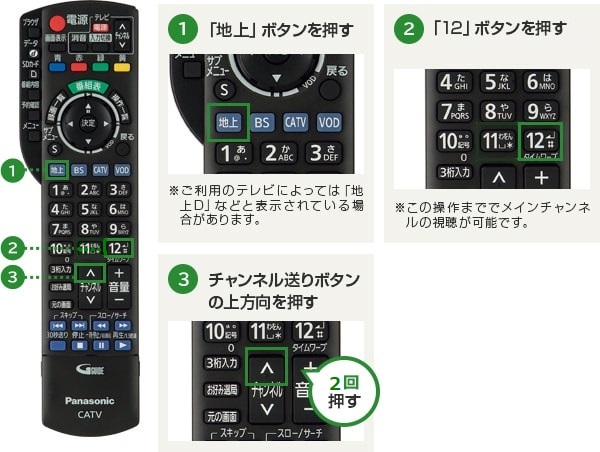 ①「地上」ボタンを押す（ご利用のテレビによっては「地上D」などと表示されている場合があります）。②「11」または「12」ボタンを押す（この操作まででメインチャンネルの視聴が可能です）。③チャンネル送りボタンの上方向を1回押す