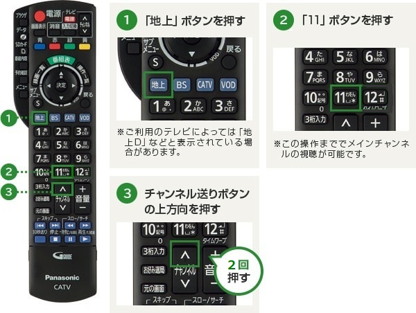 ①「地上」ボタンを押す（ご利用のテレビによっては「地上D」などと表示されている場合があります）。②「11」ボタンを押す（この操作まででメインチャンネルの視聴が可能です）。③チャンネル送りボタンの上方向を1回押す