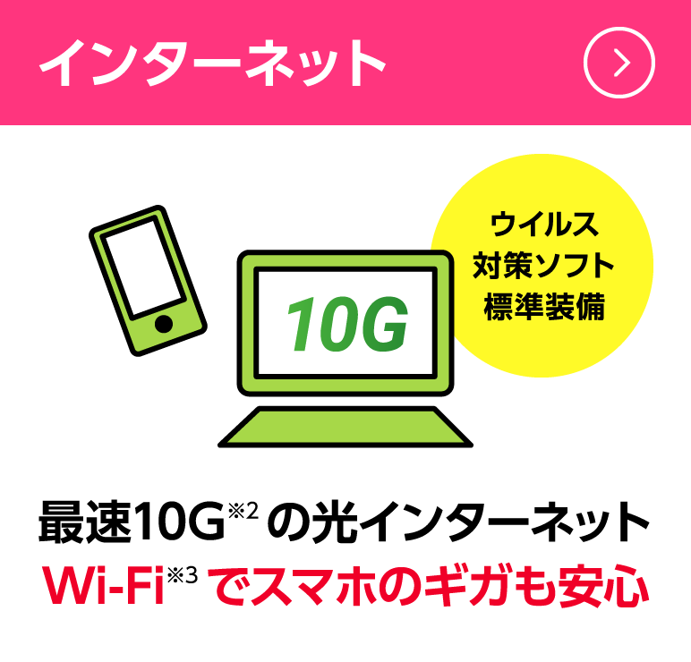 インターネット：最速10GB※2の光インターネット。Wi-Fi※3でスマホのギガも安心